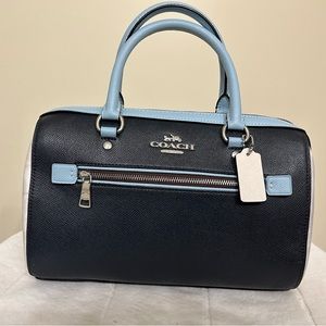 Coach Rowan Satchel Crossbody Bag, Pebble Navy Blue color block leather